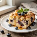 Overnight French toast casserole with blueberries and streusel topping.