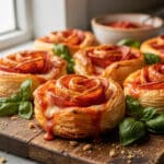 Golden flaky puff pastry pizza roses with pepperoni and melted mozzarella.