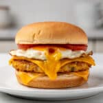 Sausage egg breakfast sandwich with melty cheese on toasted brioche bun.