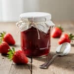 Homemade Italian strawberry jam in a rustic glass jar with spoon.