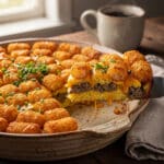 Golden tater tot breakfast casserole with sausage, egg, and melted cheese.