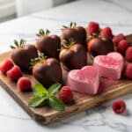 Heart-shaped chocolate strawberries and raspberry yogurt bites for Valentine's Day dessert.