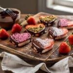 Valentine's Day fruit and chocolate heart snacks on a rustic board