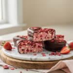 Heart-shaped no-bake oat bars with strawberry and dark chocolate for Valentine's Day.