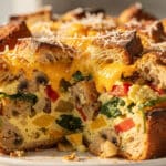Veggie breakfast strata with eggs, bread, peppers, and spinach in a ceramic dish.