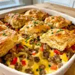 Savory biscuit breakfast casserole with sausage cheese and peppers