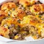 Golden brown biscuit and gravy breakfast bake with creamy sausage and melted cheese.