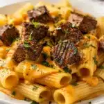 Cajun steak tips with cheesy rigatoni pasta in creamy Parmesan sauce.
