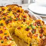 Cheesy bacon ranch breakfast casserole recipe with crispy bacon and melty cheese.