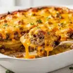 Cheesy ground beef potato casserole with a golden crispy cheese topping