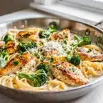 Creamy chicken and broccoli alfredo pasta in a white ceramic skillet.