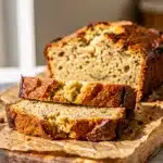 Moist classic banana bread slice with chocolate chips and melting butter