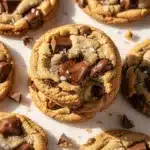 Golden brown chocolate chip cookie with melted chocolate pools and flaky sea salt.