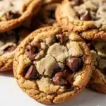 Warm soft chewy chocolate chip cookies on a rustic wooden table.