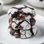 Double chocolate crinkle cookies with powdered sugar and fudgy dark centers.
