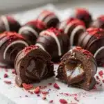 Chocolate covered strawberry truffles with a pink ganache center on marble.