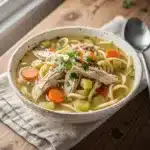 Classic chicken noodle soup with tender chicken carrots and egg noodles