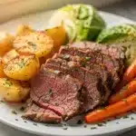 Corned beef and cabbage recipe with carrots and potatoes in a Dutch oven.