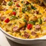 Corned beef hash breakfast casserole slice with potatoes cheese and eggs