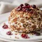 Creamy goat cheese ball with cranberries and pecans on rustic wooden board