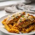 Creamy garlic parmesan chicken pasta in a rustic bowl with fresh parsley