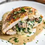 Creamy mushroom and spinach stuffed chicken breast with parmesan cream sauce.