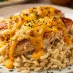 Creamy smothered chicken rice recipe in a rich glossy cheese sauce