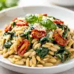 Creamy Tuscan orzo with spinach recipe in an appetizing close up photo.