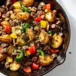 Crispy corned beef hash recipe with golden potatoes and glossy egg yolk