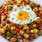 Crispy corned beef hash with potatoes and fried eggs in cast iron skillet.
