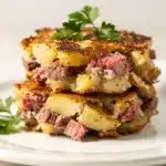 Crispy golden brown corned beef hash patties on a white plate