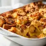 Golden brown French toast casserole with streusel topping and maple syrup.