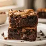 Classic fudgy brownie recipe with a cracked shiny top and chocolate chips.
