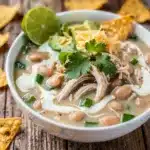 Creamy white chicken chili with green chilies beans and corn in rustic bowl