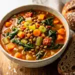 Hearty lentil vegetable soup with chunky vegetables in tomato broth