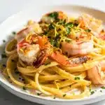 Creamy lemon butter garlic shrimp pasta plated in a bright homemade style.