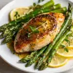 Lemon herb chicken with asparagus in a glossy butter garlic sauce.