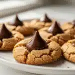 Golden brown peanut butter blossom cookies with a chocolate kiss center.