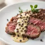 Perfectly cooked rib eye steak with creamy peppercorn sauce on rustic wood.