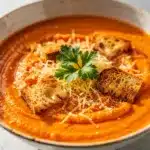 Creamy roasted red pepper gouda soup in a white bowl with bread