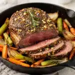 Juicy medium rare rosemary garlic roast beef with crispy herb crust
