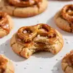 Salted caramel pretzel cookies with gooey caramel bits on a rustic board.