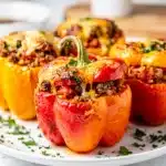 Roasted stuffed bell peppers with savory beef rice and melted cheese.