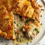 Golden flaky puff pastry crust tops creamy turkey pot pie filling.