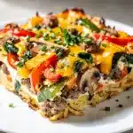 Veggie loaded breakfast casserole slice with eggs peppers spinach and cheese
