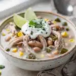 Creamy white chicken chili with beans in a homemade Pinterest style photo