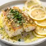 Flaky baked lemon herb cod with golden crust and creamy mashed potatoes