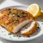Baked ranch chicken with a crispy golden herb crust on rustic white plate.