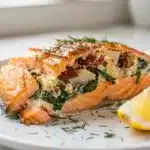Baked salmon stuffed with creamy lemon dill filling looks delicious