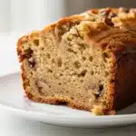 Moist classic banana bread slice with butter and walnuts on rustic board